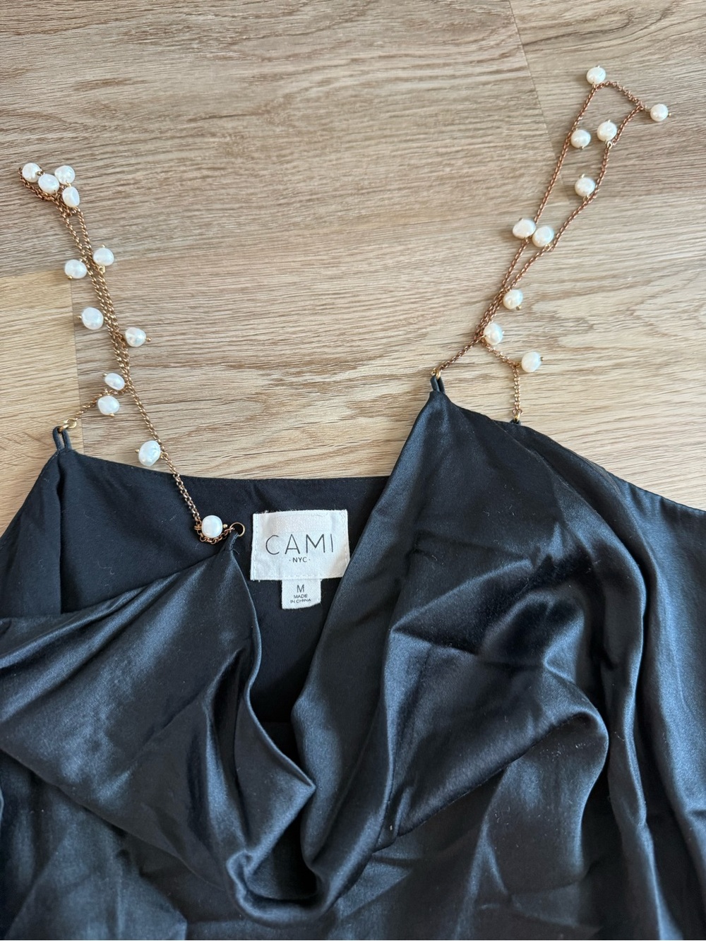 Cami NYC Black Satin Slip tank with Pearl-Embellished Gold Chain Straps
